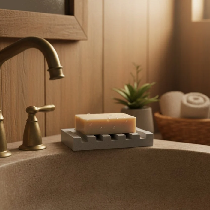 Bar of soap on a soap dish next to a sink with a gold faucet in a bathroom setting.