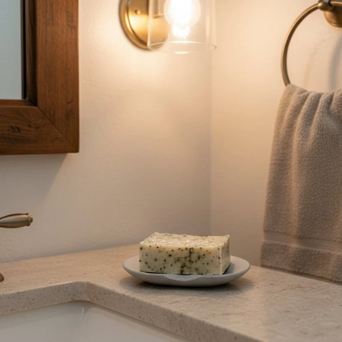 Bar of soap on a   concrete dish with a towel and light fixture in a bathroom setting