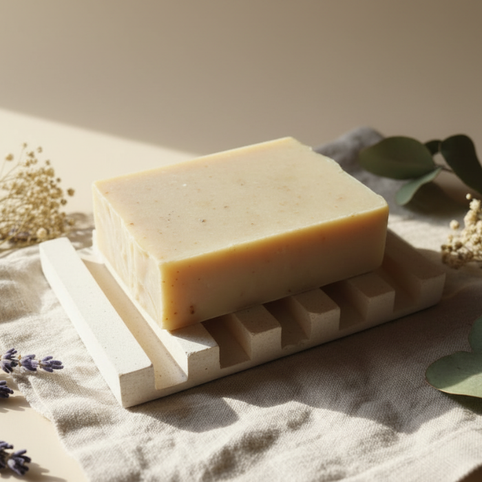 Bar of soap on a stone soap dish with dried herbs and leaves on a soft fabric background