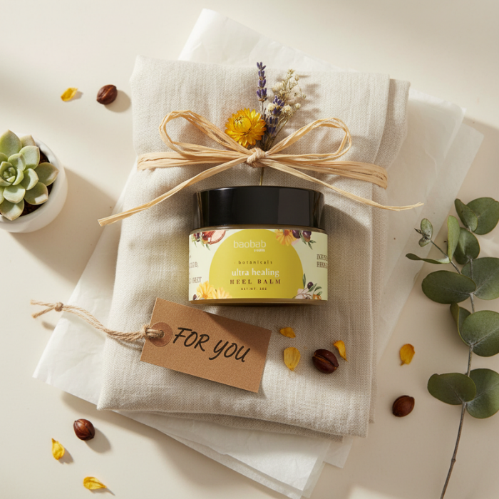 Heel balm in a black container with a decorative tag on a white cloth, surrounded by flowers and plants.
