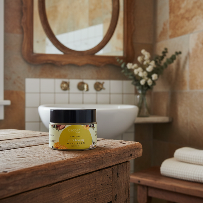 Jar of balm on a wooden surface with a bathroom setting in the background