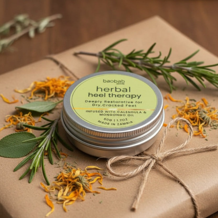 A small round metal tin of baobab herbal heel therapy rests on a brown kraft paper gift wrap tied with twine, surrounded by rosemary sprigs, sage leaves, and dried orange herbs on a wooden surface.