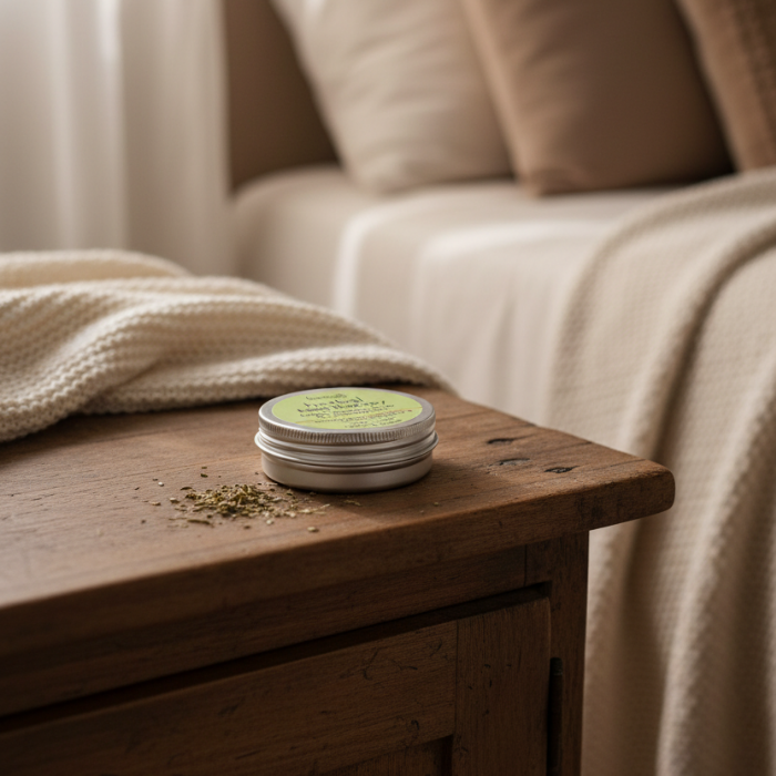 A small round metal tin with a light green label sits on a rustic wooden table beside a cream knit blanket and bed in a softly lit bedroom.