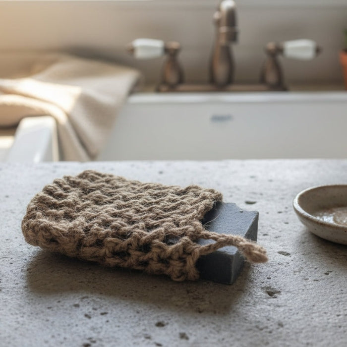 Textured jute soap saver on a kitchen counter with a blurred background