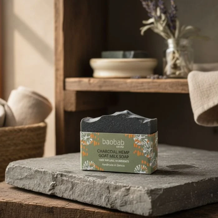 Baobab Swirls charcoal hemp goat milk soap on a stone surface with a wooden shelf in the background