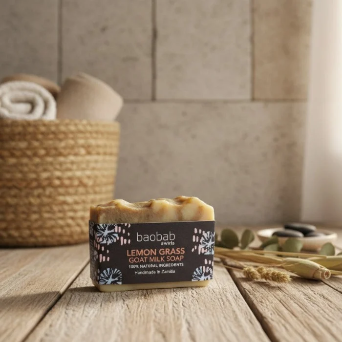 Bar of soap with a label on a wooden surface, with a woven basket and lemon grass in the background.