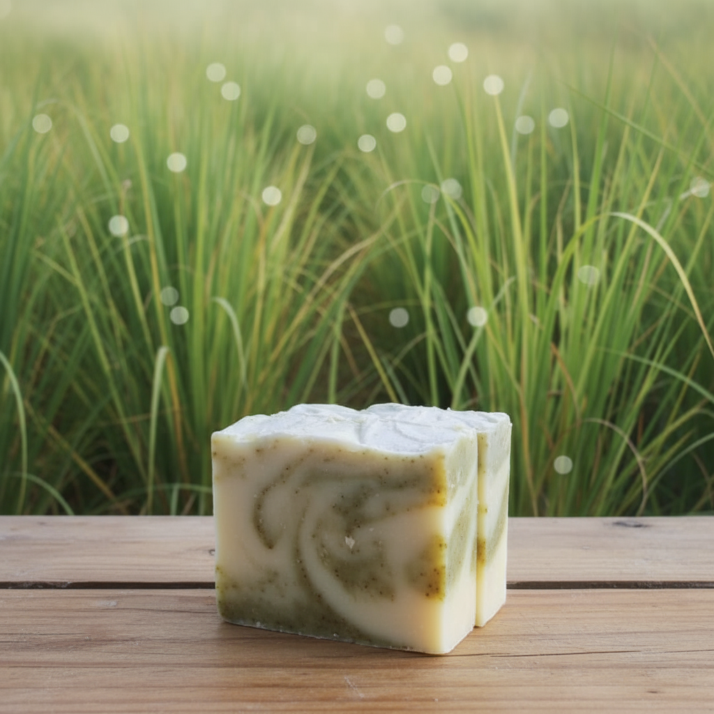 Bar of soap with green and white swirls on a wooden surface with grass in the background
