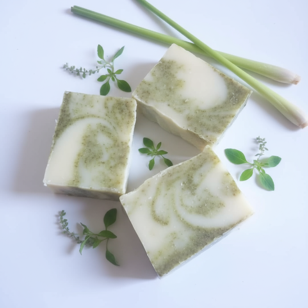 Three green and white swirled soap bars with herbs on a white background