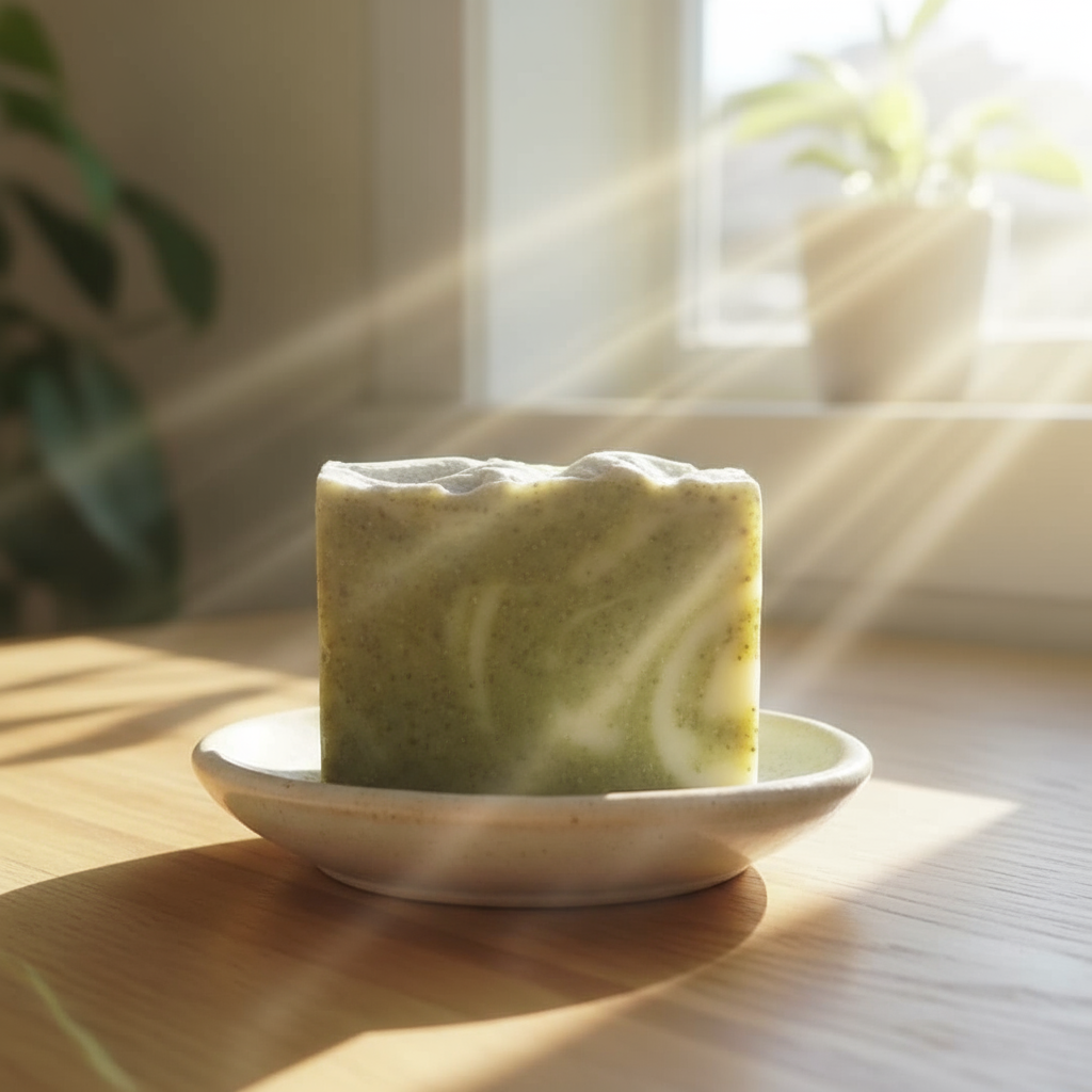 Green soap bar on a white plate with sunlight streaming through a window
