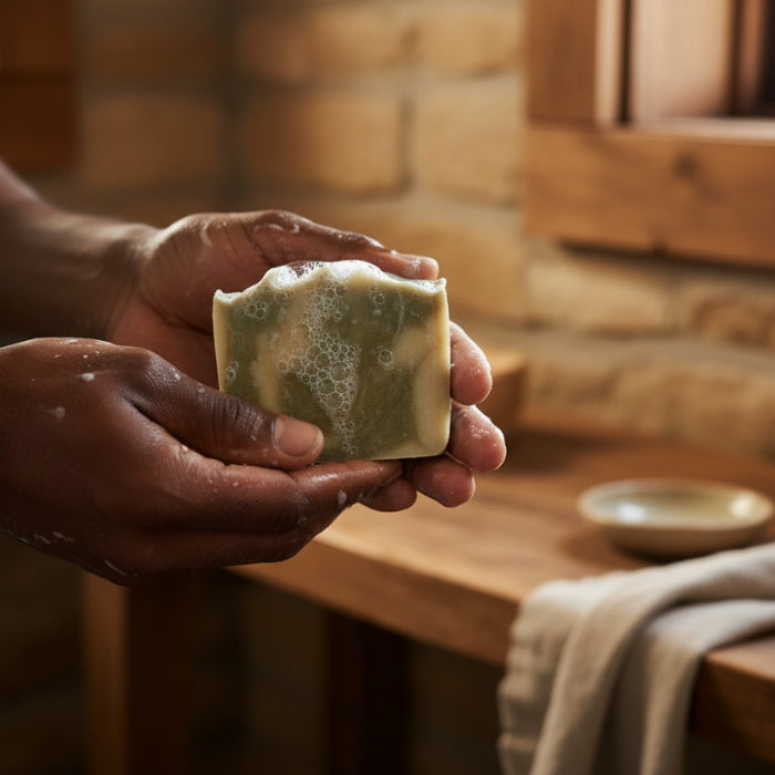 Hand holding a bar of soap with a rustic background