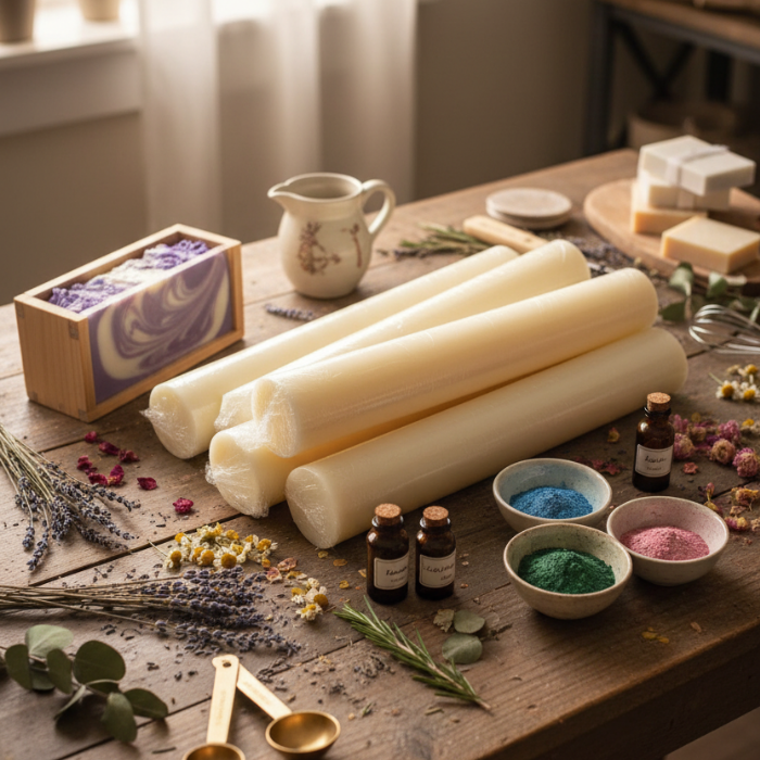 Melt and Pour Soap Base on a wooden table with herbs, bottles, and bowls.