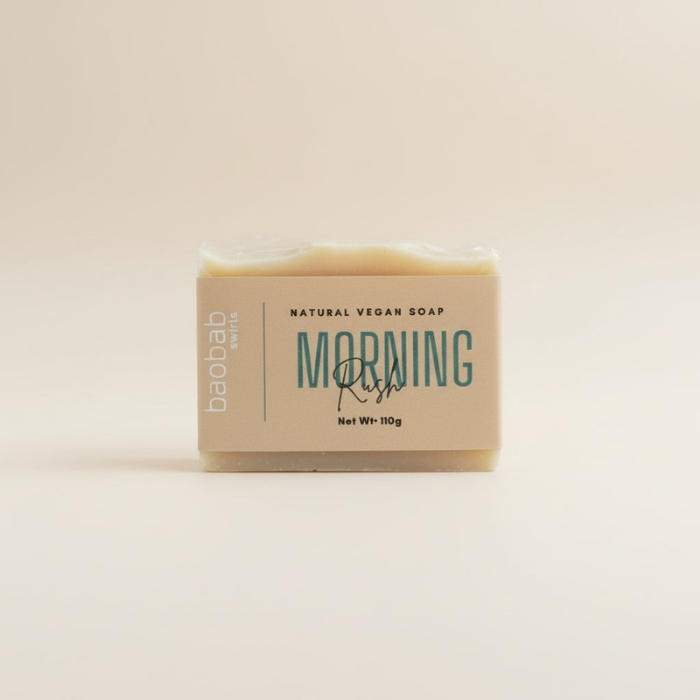 Rooibos soapBar of soap with a cardboard packaging label on a beige background