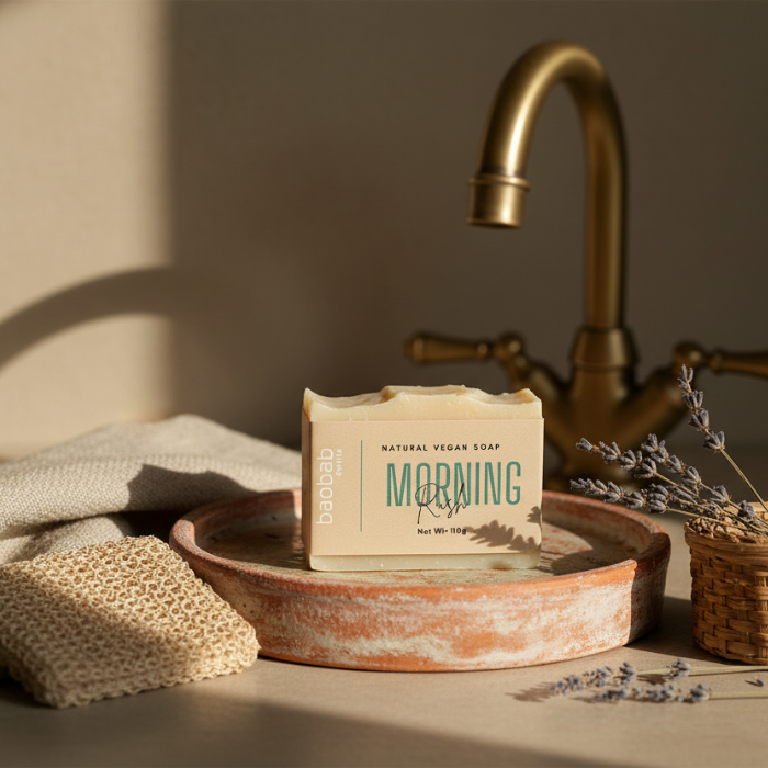Baobab Swirls Bar of soap with 'Morning Rush' branding in a rustic setting with a gold faucet and lavender.