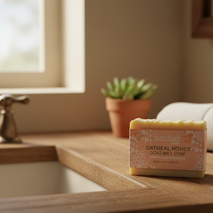 Bar of soap on a wooden surface with a blurred background