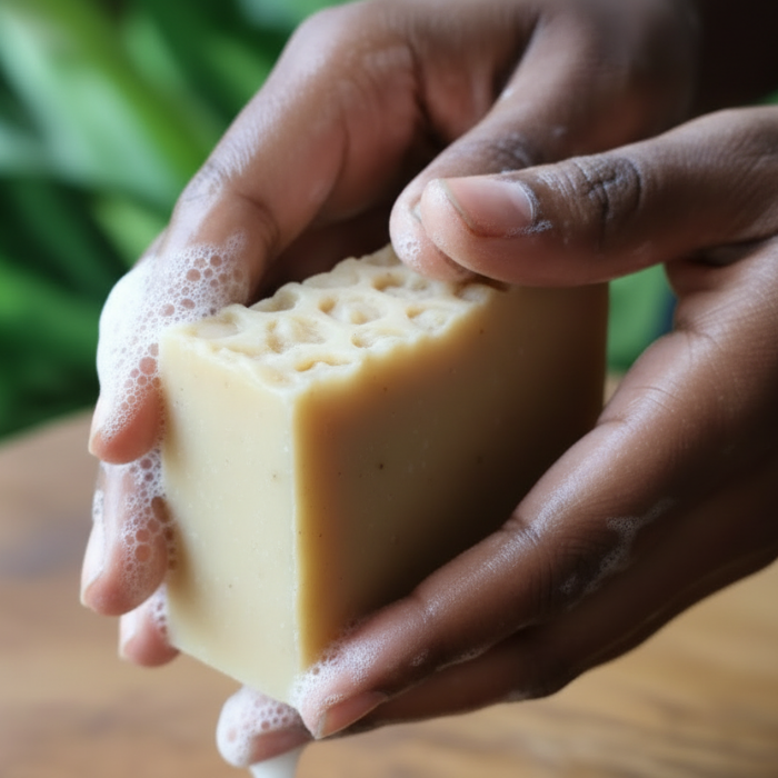 Hand holding a bar of soap with a green blurred background