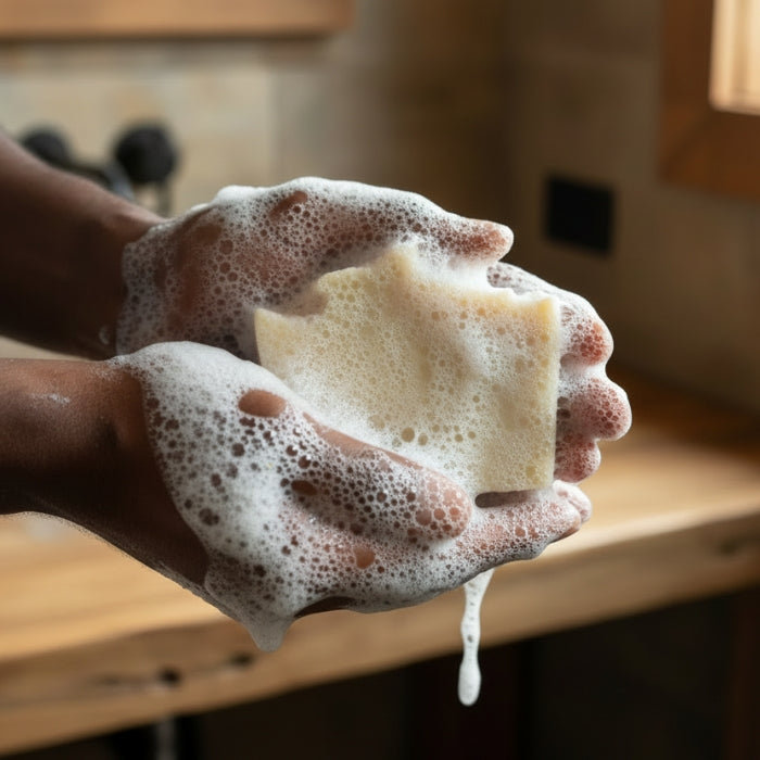 Hands with a sponge covered in soap suds in a kitchen setting