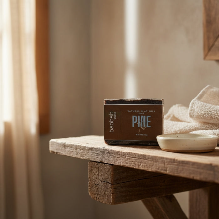 Baobab Swirls Pine Tar Soap on a wooden shelf