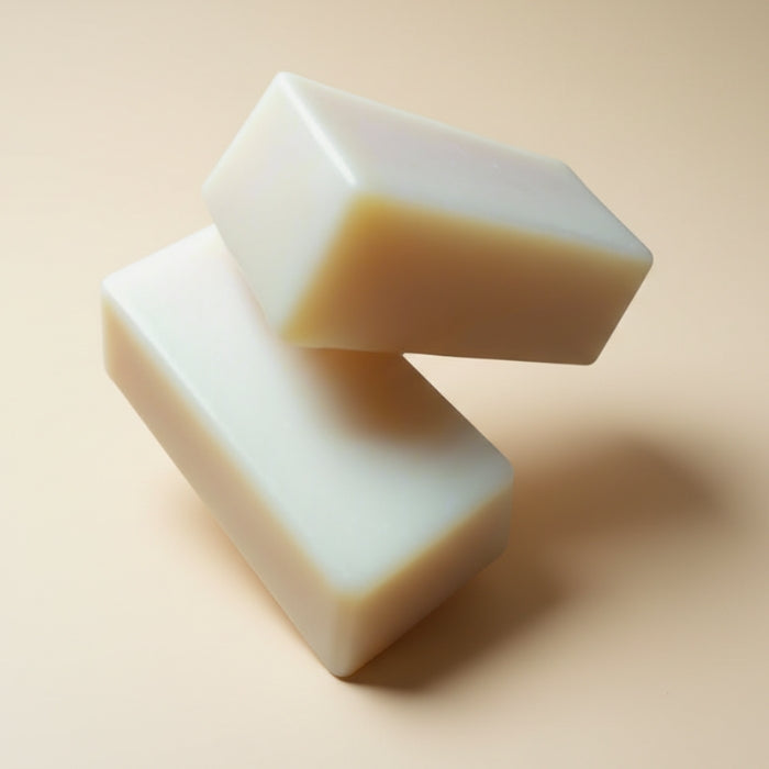 Two rectangular bars of soap on a beige background