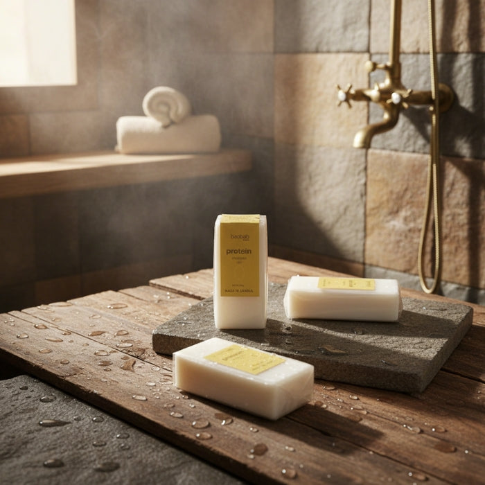 Three bars of soap on a stone surface with a tiled wall and towel in the background