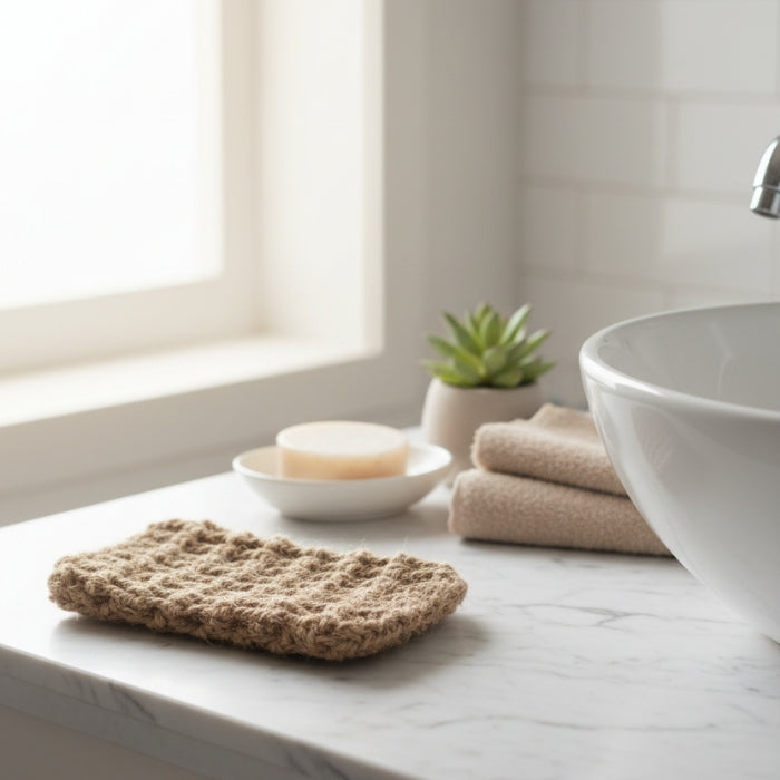 Bathroom counter with a white sink, towel, soap, and small plant.