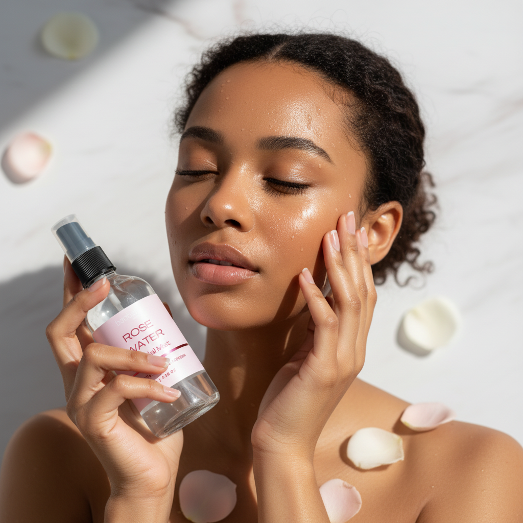 Woman applying rose water spray to her face with petals around her.