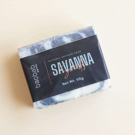 Bar of soap with 'Savanna' and 'baobab' branding on a beige background