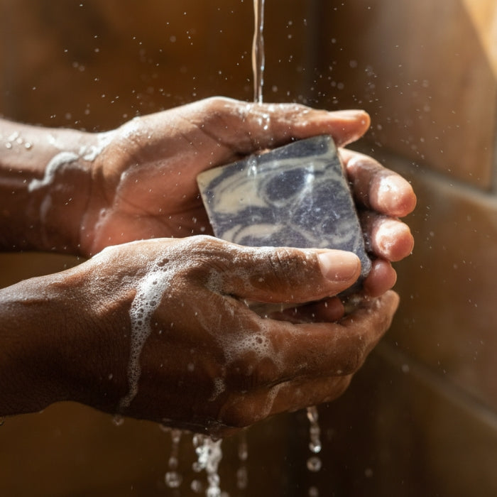 Hands holding a bar of soap under running water with a blurred background