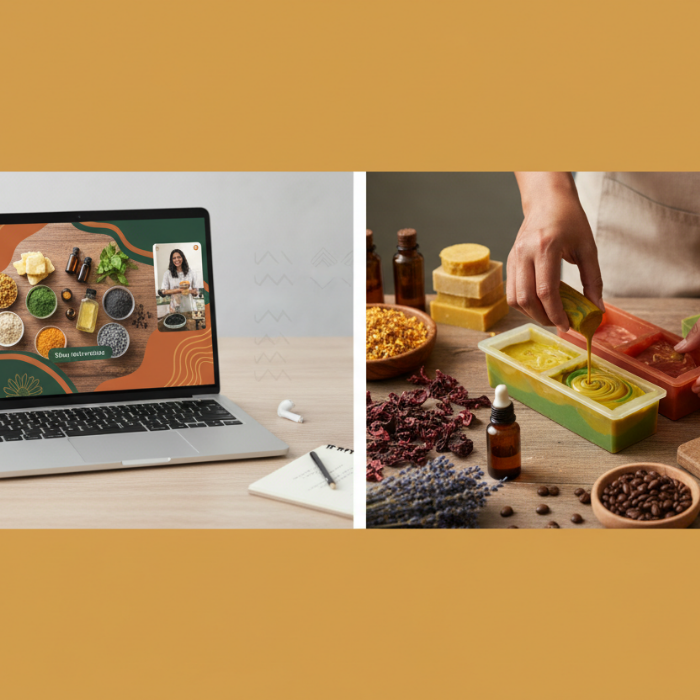 Two images: one of a laptop on a desk with a soap making interface, and another of a person making soap with ingredients.
