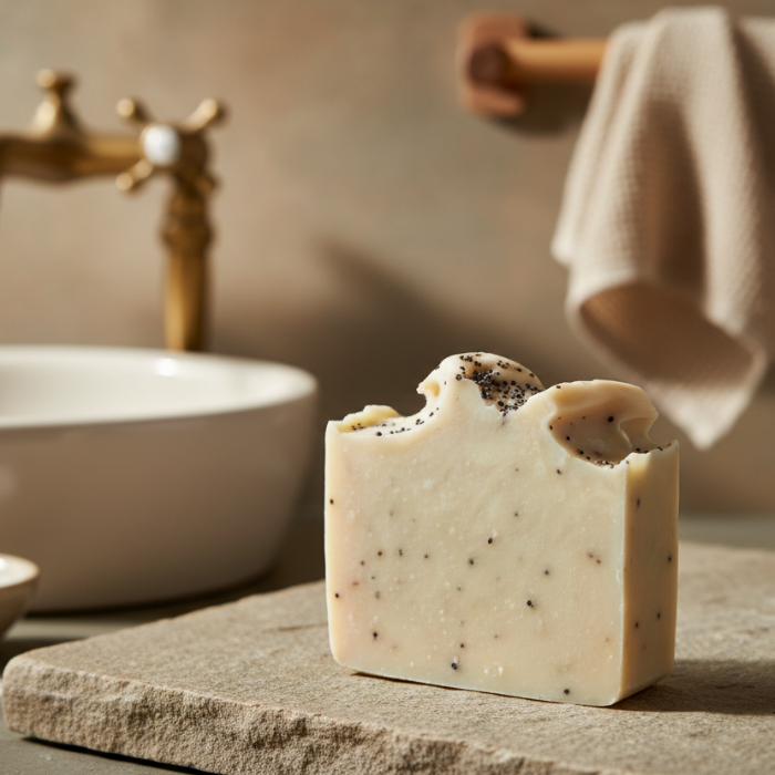 Bar of soap with specks on a stone surface in a bathroom setting.