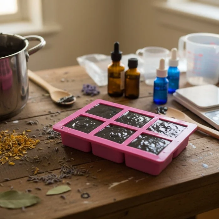 Pink silicone mold with wet soap on a wooden table with various bottles and ingredients.