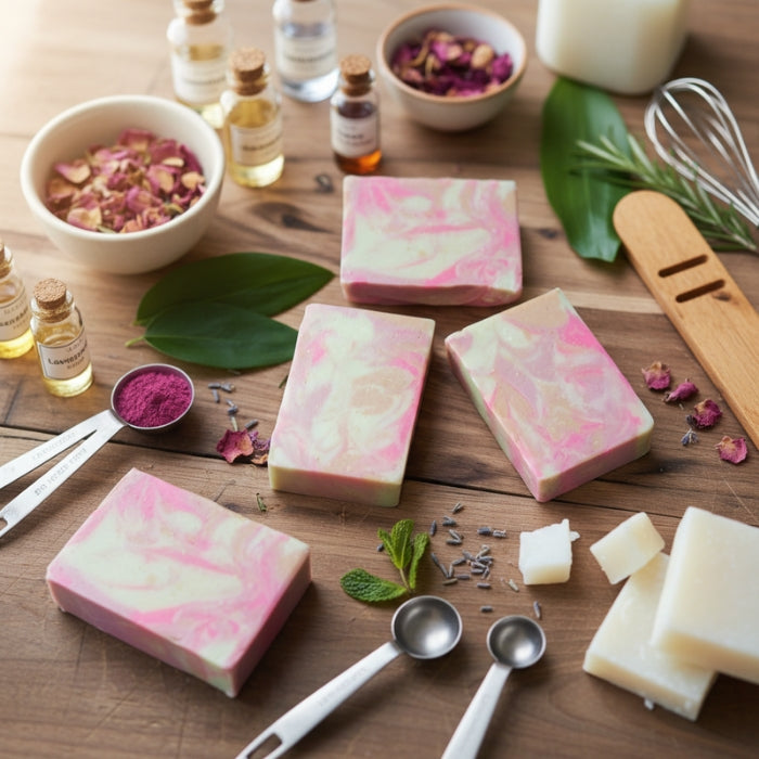 Pink and white marbled soap bars on a wooden surface with ingredients and tools.