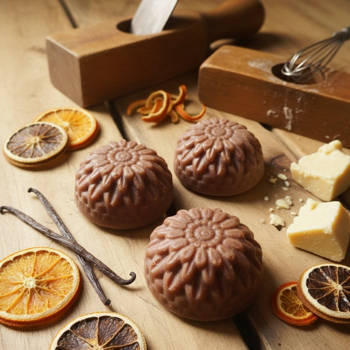 Chocolate handmade soap on a wooden board with dried oranges, vanilla beans, and a wooden mallet.
