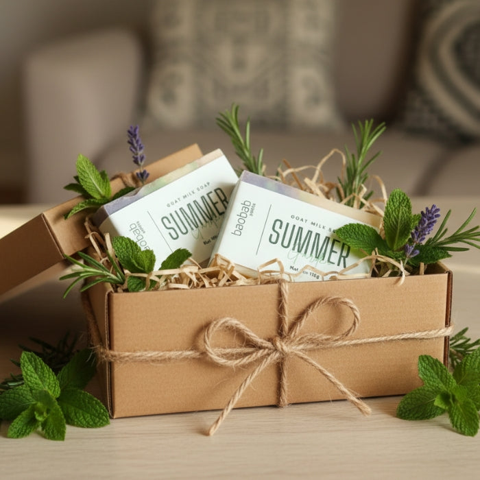 Gift box with 'Summer' soaps and herbs on a wooden surface