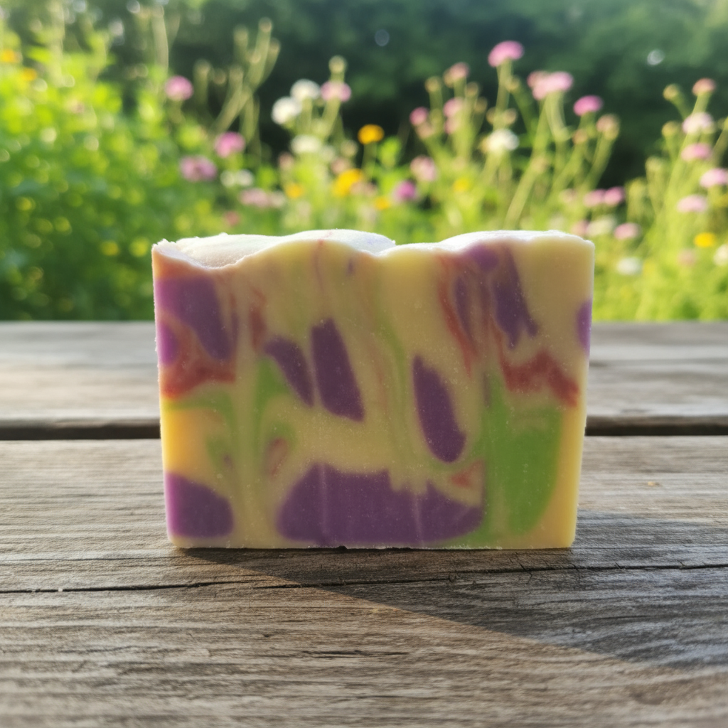 Colorful soap bar on a wooden surface with a natural background of flowers and greenery handcrafted by Baobab Swirls