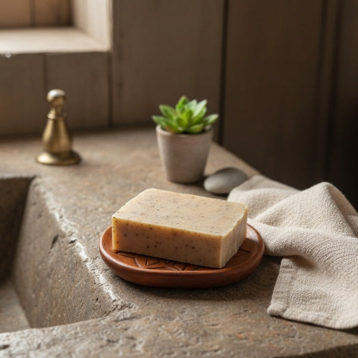 Bar of soap on a terracota dish with a plant and towel in the background