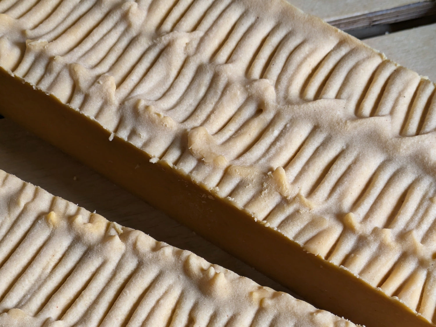 Freshly cut handmade soap with texture on top