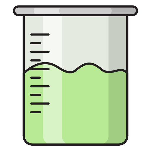 Beaker with green liquid and measurement scale on a white background