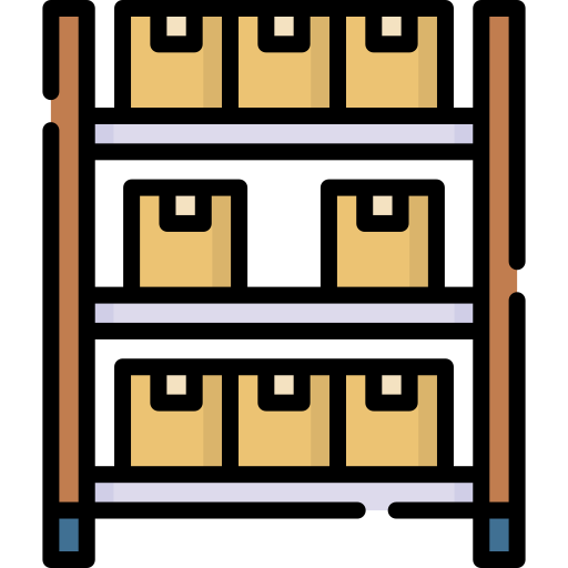 Icon of a wooden shelf with boxes on a white background