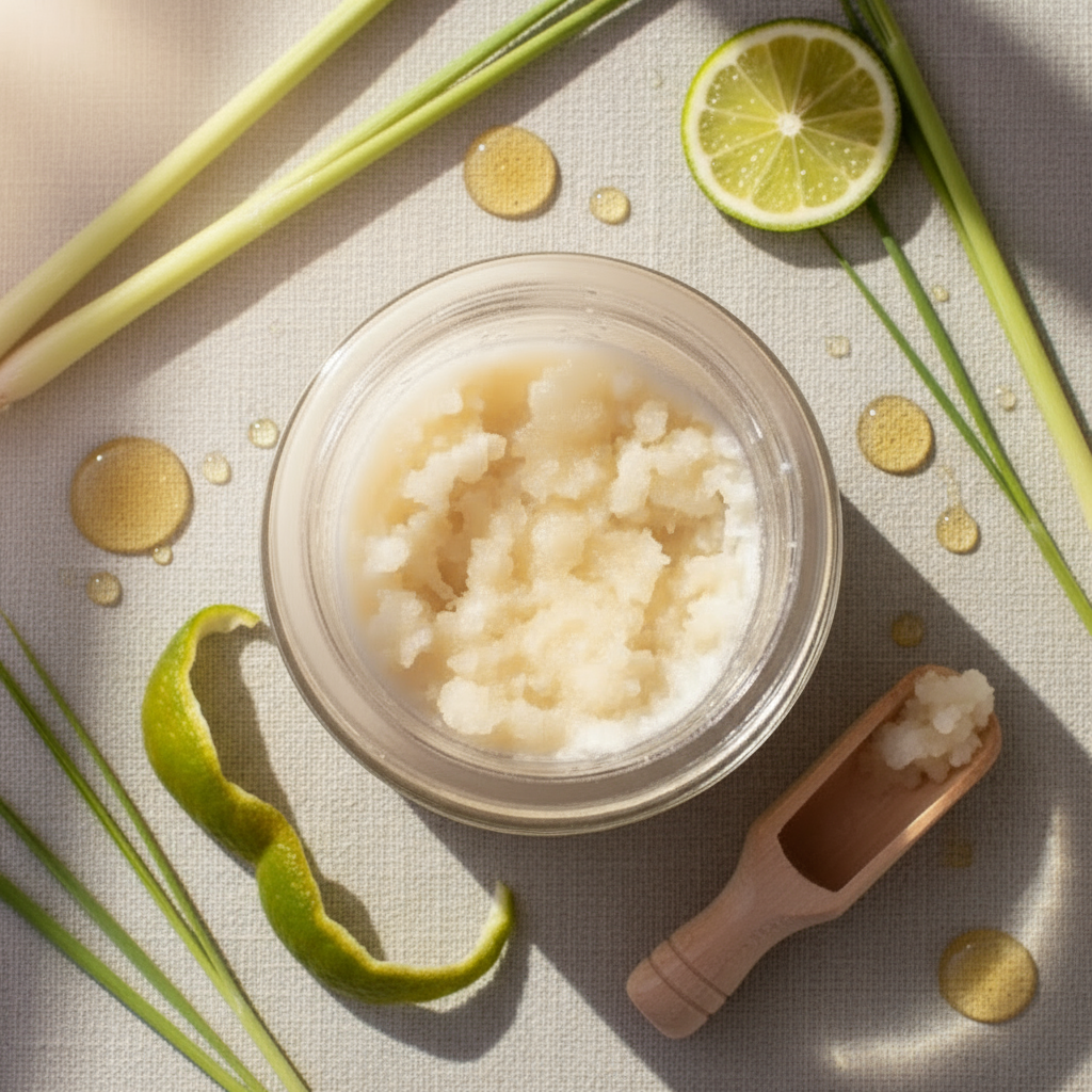 Jar of exfoliant with a scoop, lime slices, and lemongrass on a textured surface