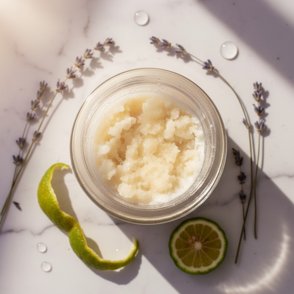 Jar of scrub with lime and lavender on a marble surface