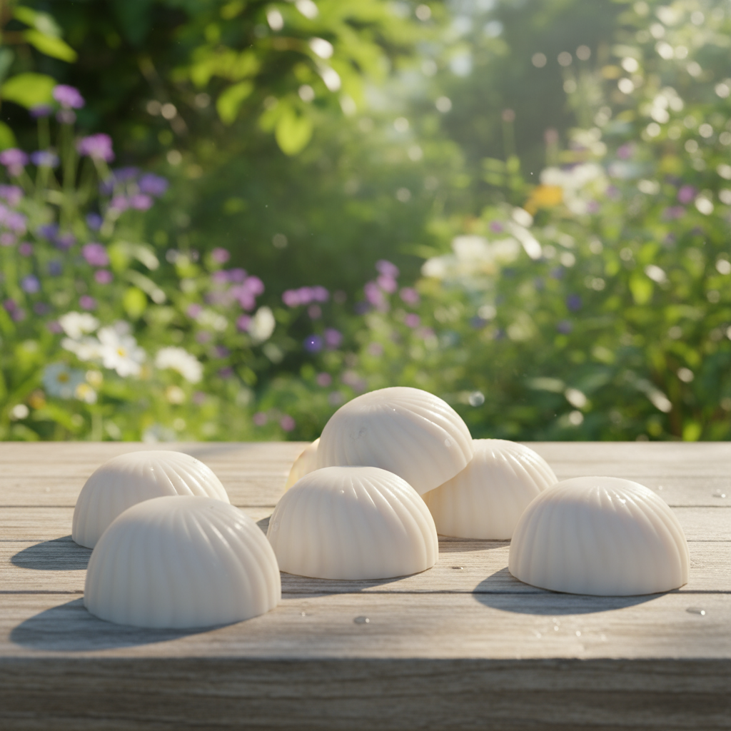 White dome-shaped soaps on a wooden surface with a garden background