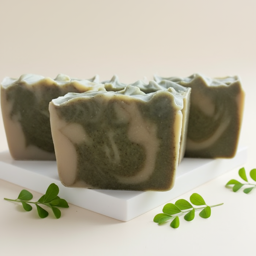 Green and white soap bars on a white surface with green leaves.