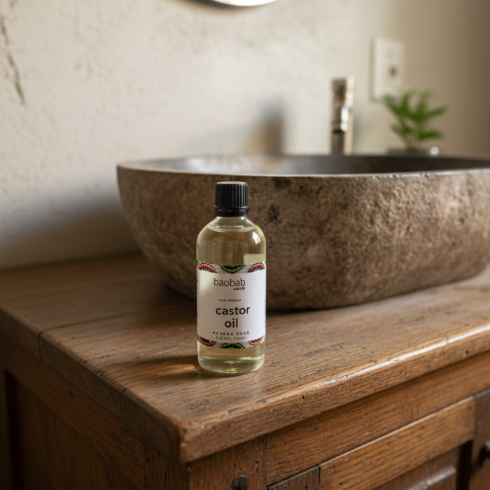 Bottle of baobab swirls castor oil on a wooden surface with a stone sink in the background