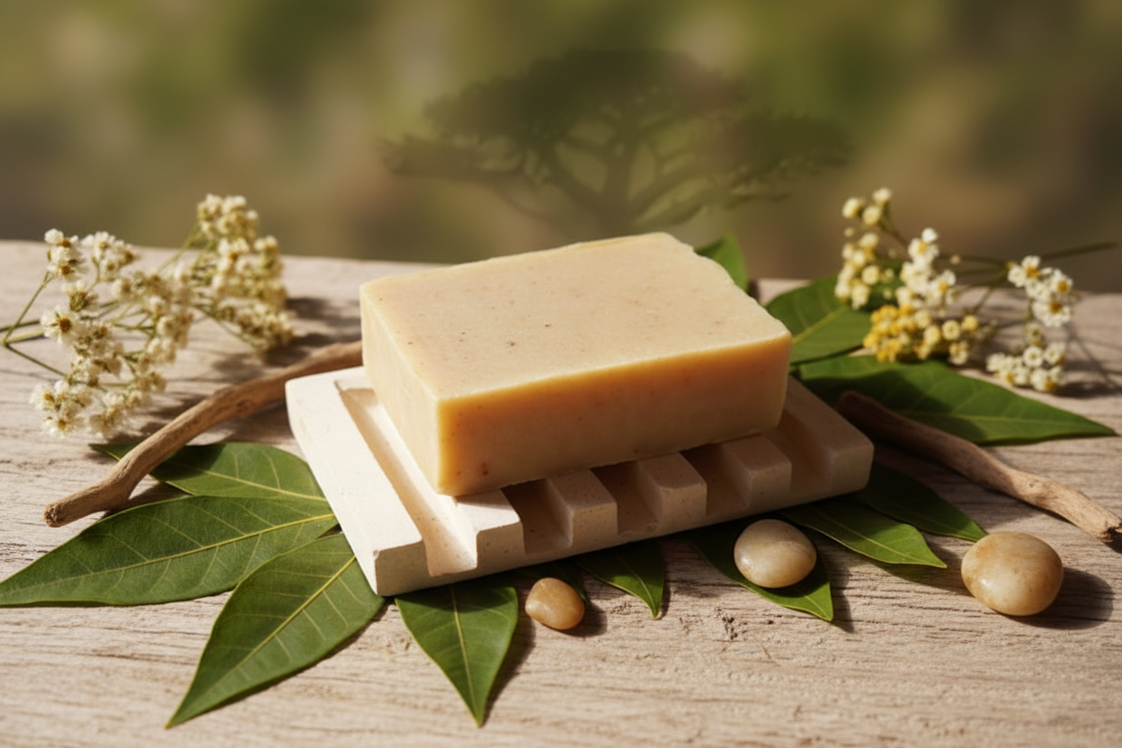Bar of soap on a concrete soap dish with leaves and flowers on a wooden surface from Baobab Swirls