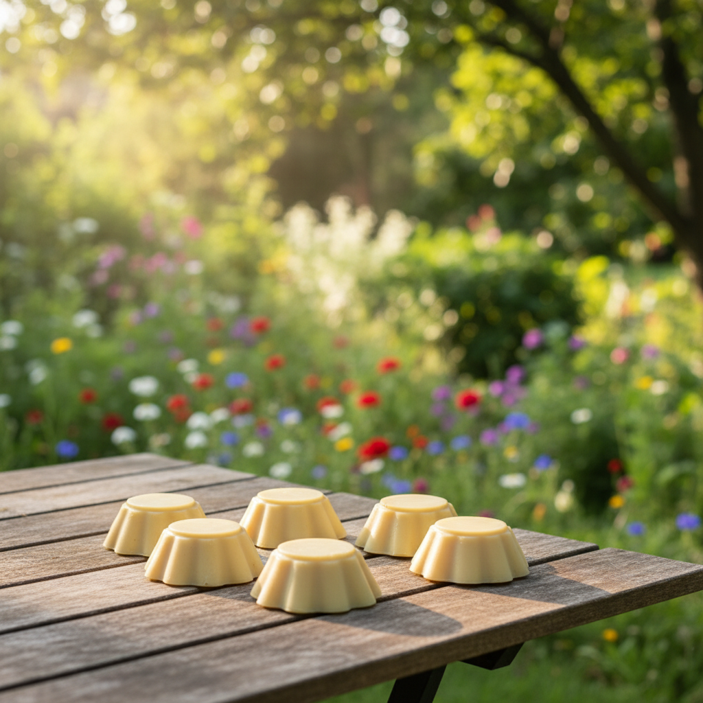 Handmade soaps on a wooden table with a garden background